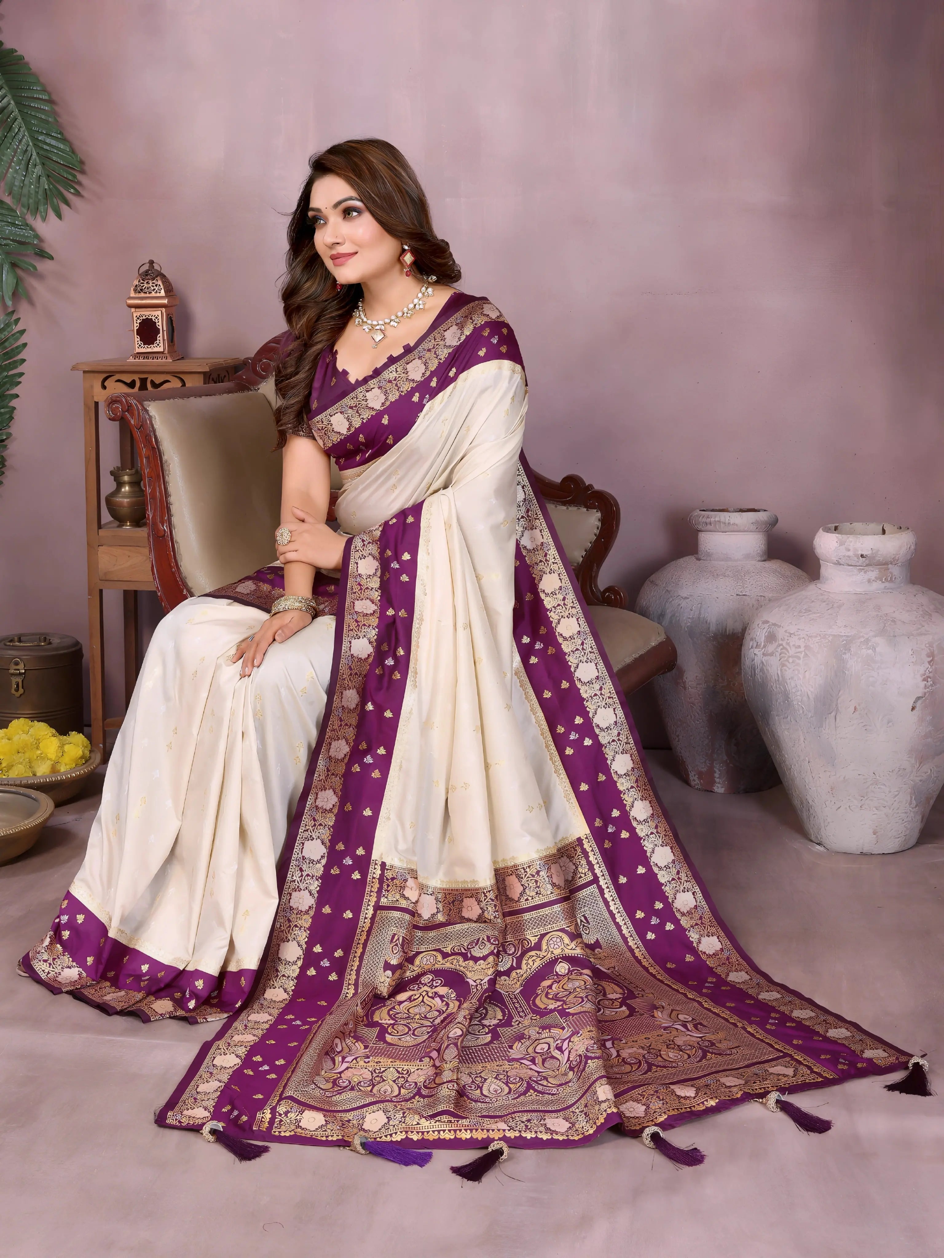 Beige Zari Woven Kalamkari Silk Saree
